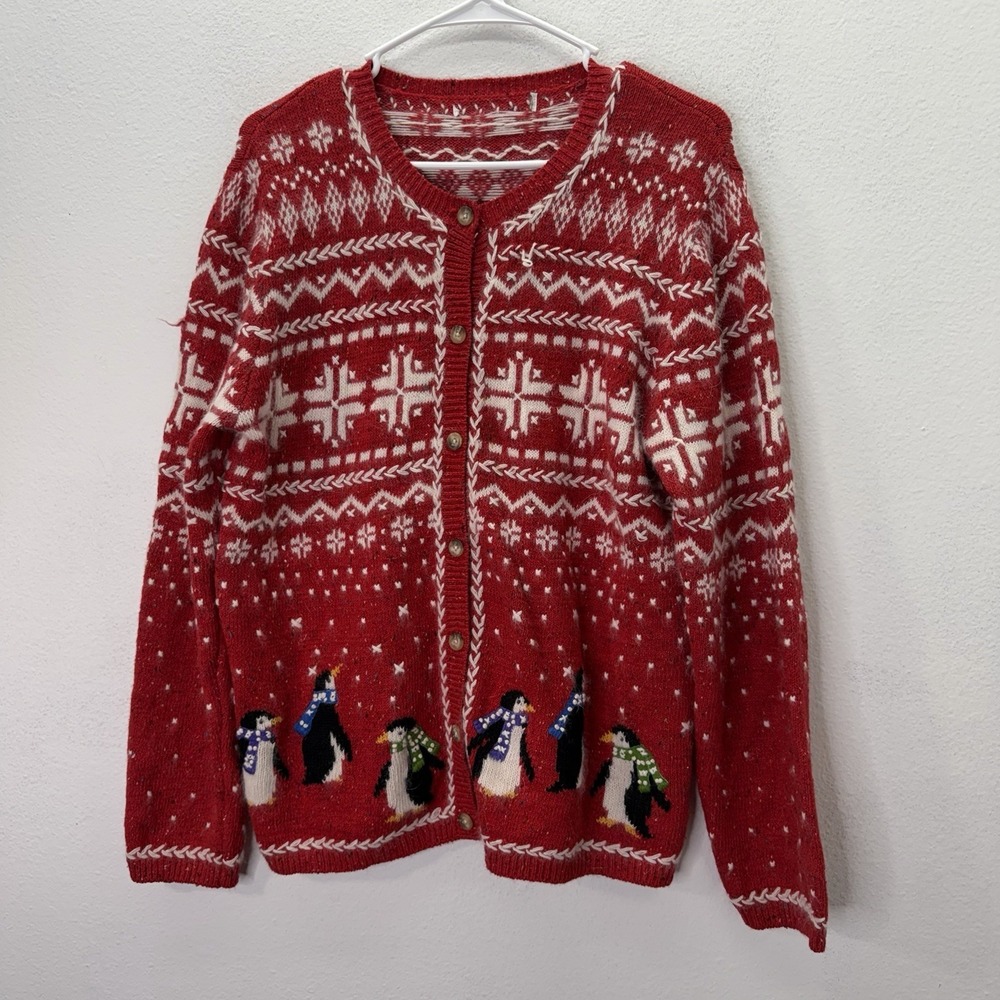 Coldwater Creek VTG Christmas Sweater Cardigan Red Penguins Rabbit Hair Blend L